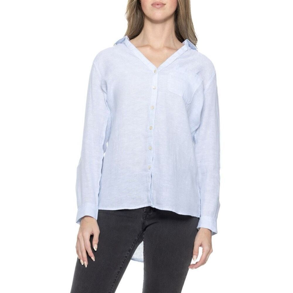 Sigrid Olsen Shirt Light Blue Linen High Low Button Up Size L‎ Beachy, Casual